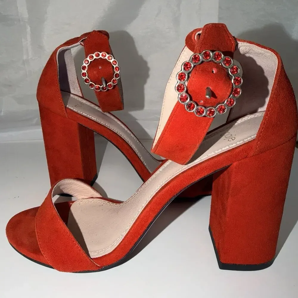 Maje Faria Red Suede Block Heel Sandals 37 US 6.5 Crystal Buckle Portugal JB2